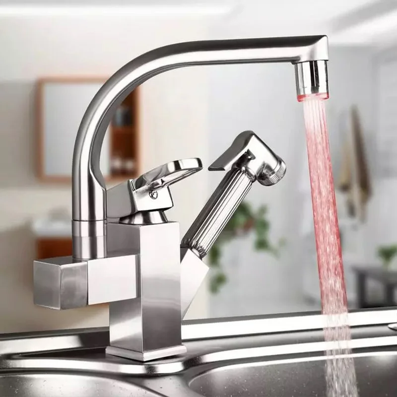 Keran Dapur JIENI Brushed Nickel Tarik Keluar, Putar 360 Derajat, Keran Wastafel Terpasang di Dek, Tuas Tunggal, Semprotan Ganda, Keran Mixer dengan LED
