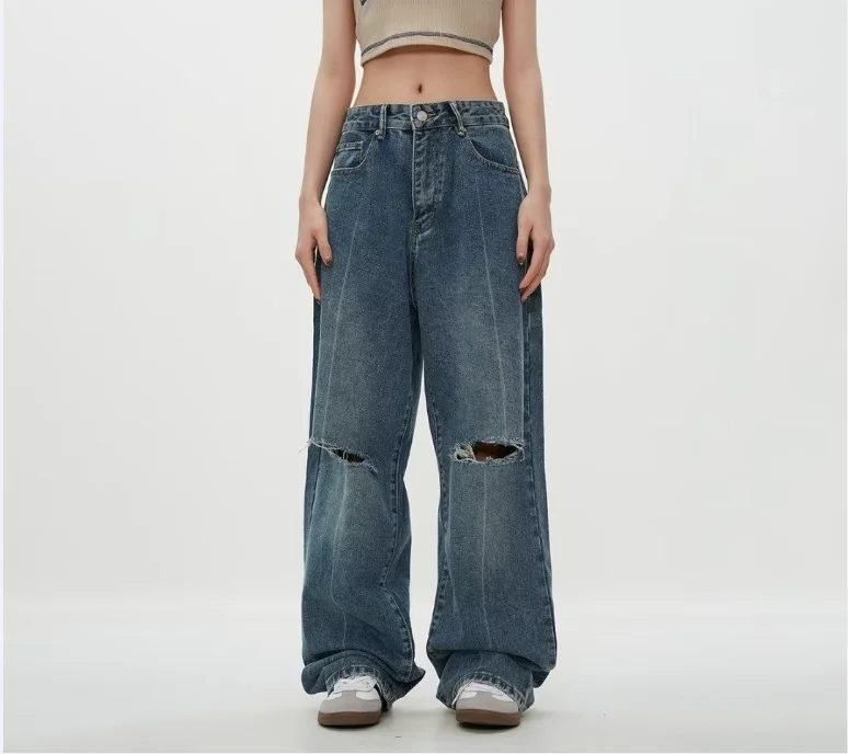 

Women's Jean Vintage New Fashion Women Wear Hole Design Simple Solid Color Autumn Korean Straight Denim Pants Green