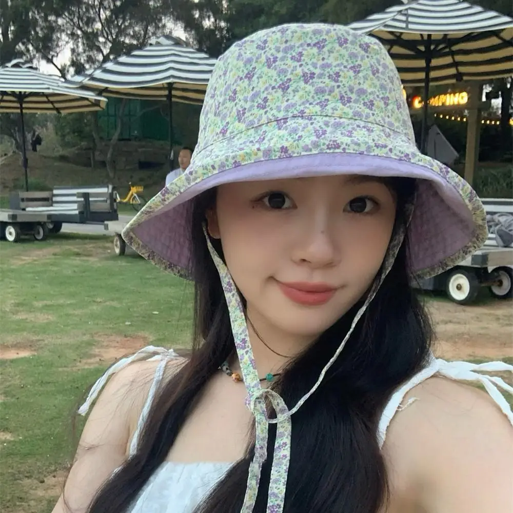 

INS Double Sided Bucket Hat Floral Print Sun Protection Fisherman Hat Versatile Lace-up Summer Sun Hat Outdoor Travel