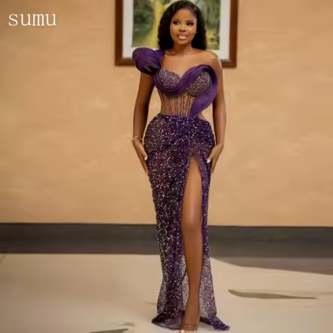 Moonlit Customized Purple Beaded Lace Evening Dress One Shoulder Side Slit Prom Gown African Wedding Party Dress