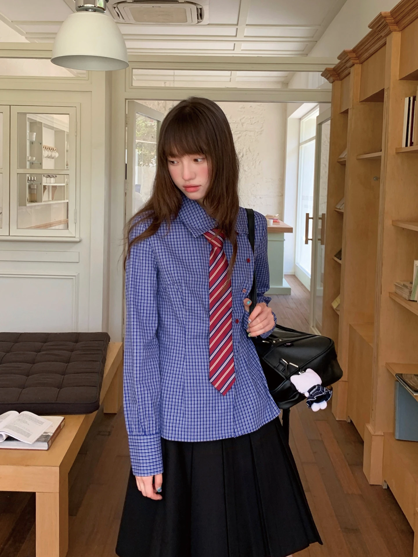 

Tokyo Annual Record JK Retro Blue Plaid Asymmetric Long Sleeve Shirt Fashionable School Style Women's Top Skin-friendly Breat...