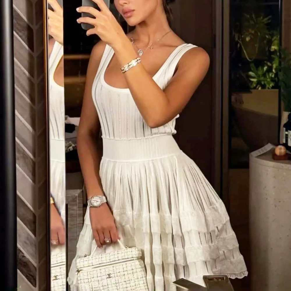 

Talenza Knitted Hollow Mini Dress Fashion Slim Sleeveless Pleated A-line Dress New Vintage High Waist Y2k Women Dresses Vestidos