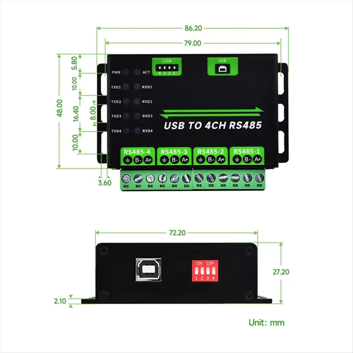 

(A15I) Модуль преобразователя USB в 4-канальный RS485, промышленный класс, универсальная последовательная связь