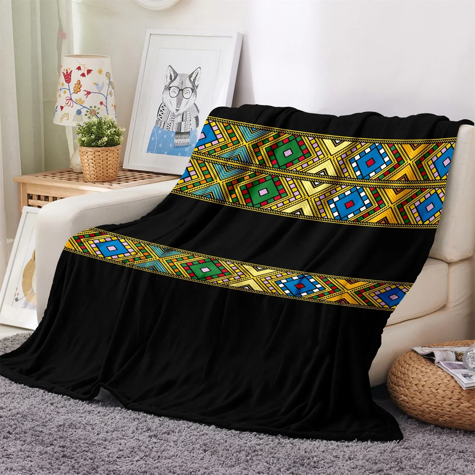 Modern Black Africa Ethiopian Empire Abyssinia Soft Warm Polyester Throw Flannel Blanket for Couch Bed Travel Cover Bedspread