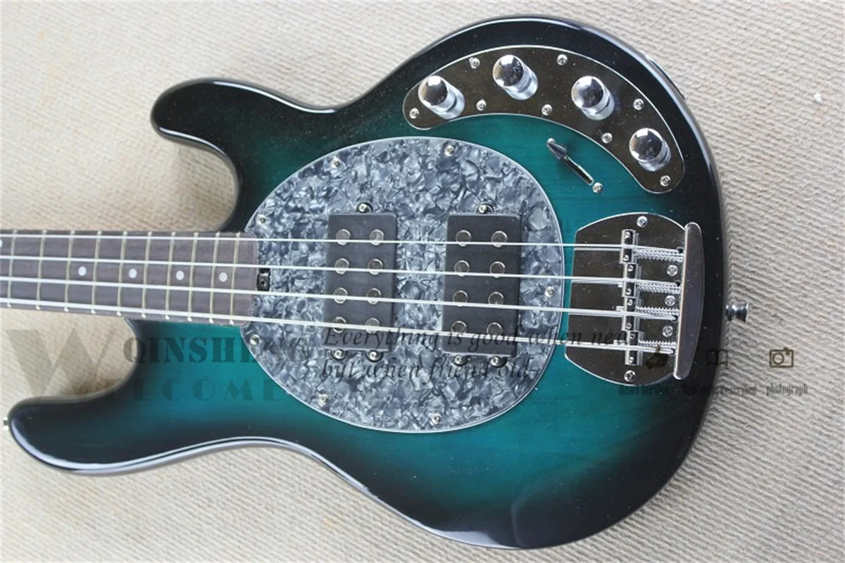 4 Strings Bass Guitar Ray Bass Blue Basswood Body cris pearl Pickguard Active Battery Chrome Bridge
