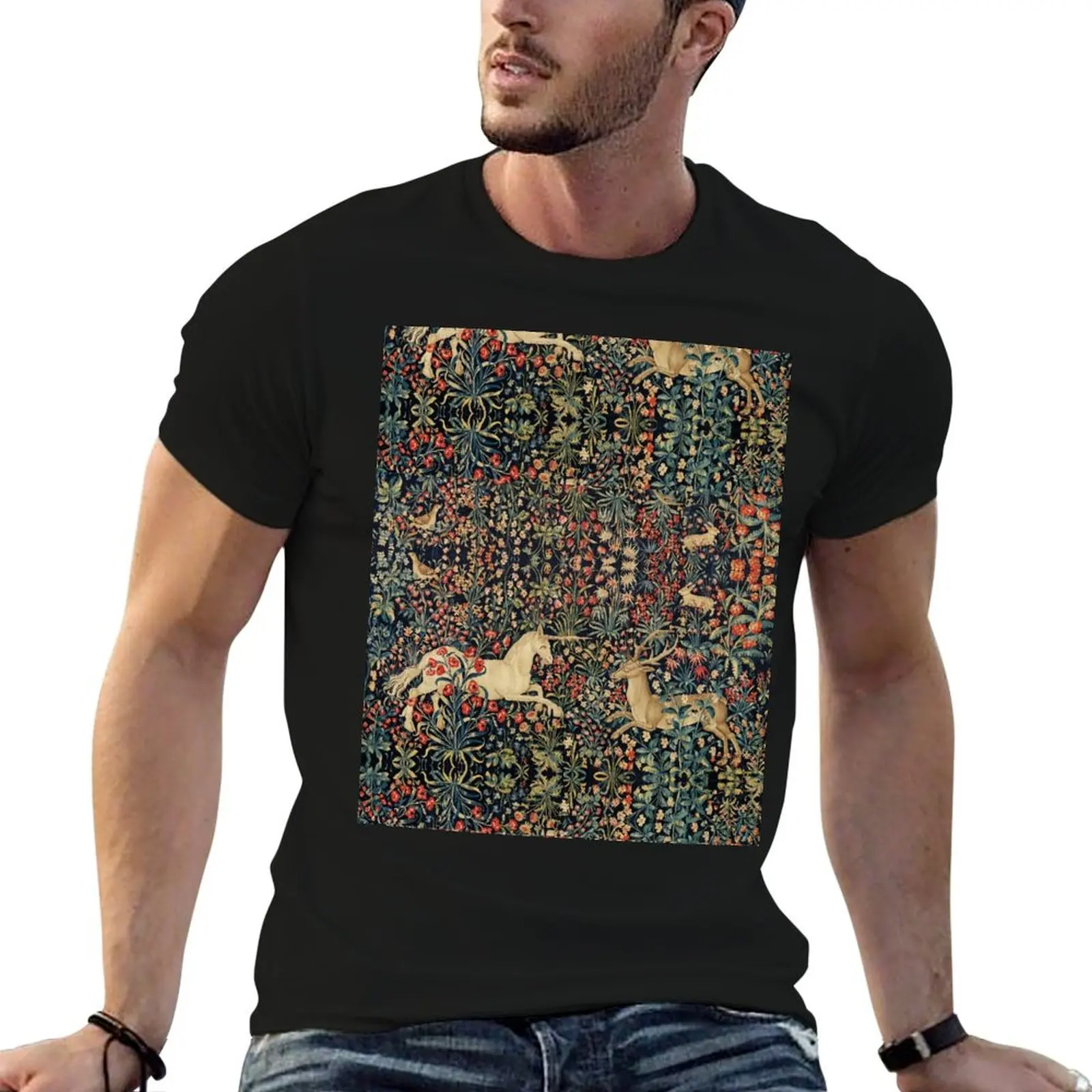 

UNICORN AND DEER AMONG FLOWERS, FOREST ANIMALS FLEMISH FLORAL T-Shirt t shirts for man graphic tees cotton tshirt 100% T-Shirt
