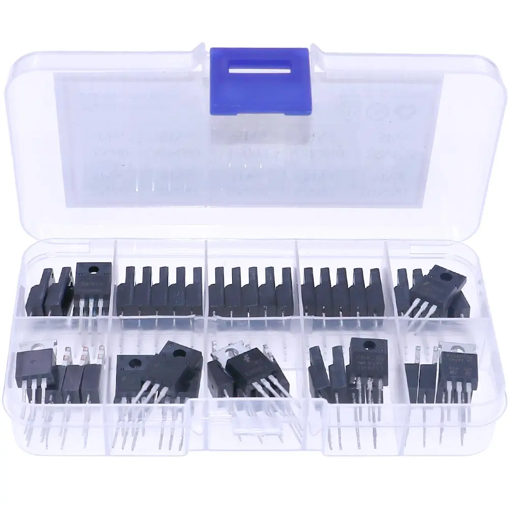 50Pcs 10Types TO-220 Field-Effect Transistor Mosfet Mixed Kit Box 2N60 4N60 5N60 8N60 10N60 12N60 20N60 13003 MBR20100 75NF75