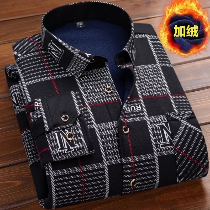New Autumn and Winter Fashion Trend Fleece-Lined Thickened Warm Long-Sleeve Shirt Men's Casual Loose High-Quality Plaid Shirt