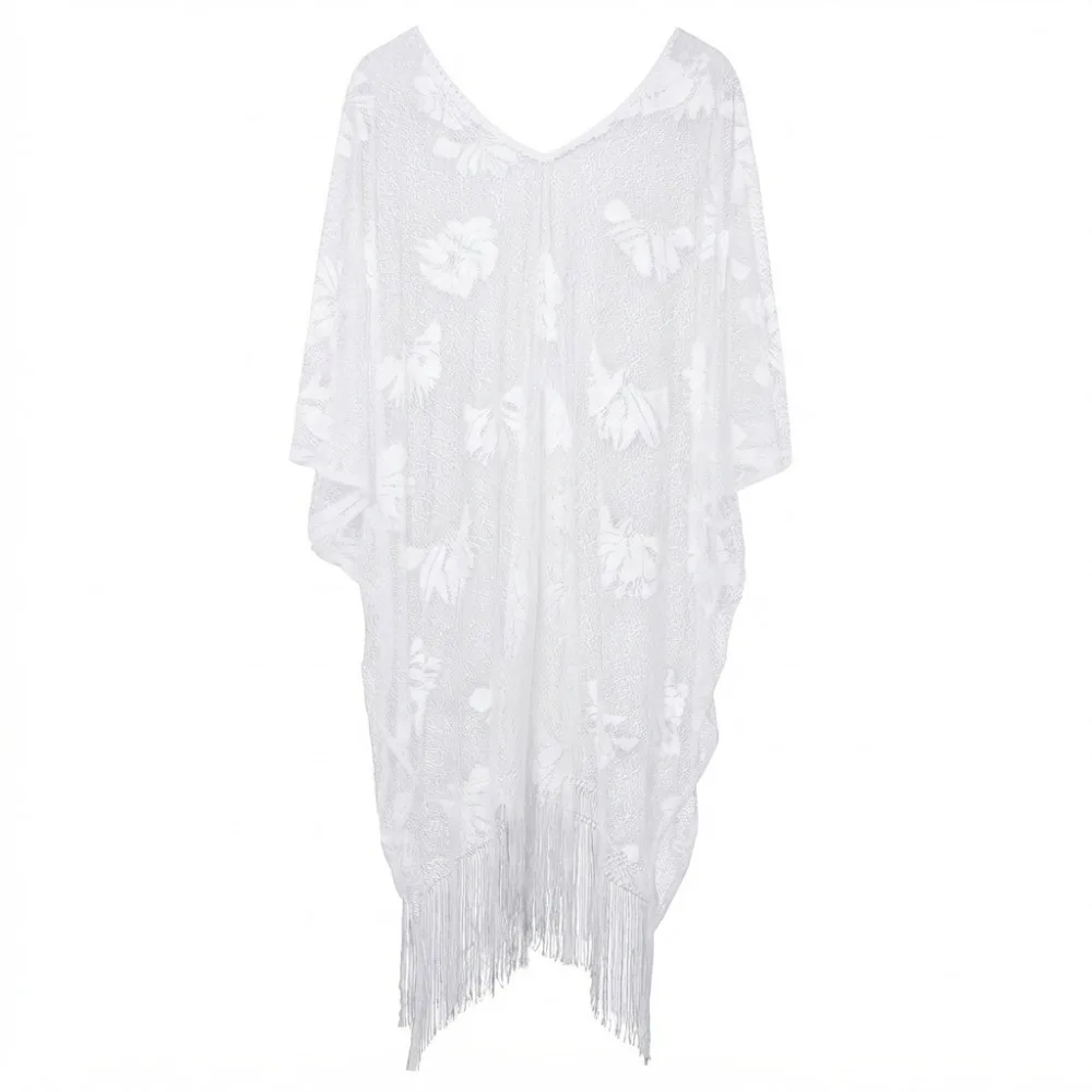 Fashion Lace Mesh Beach Cover Up Hollow Out Floral Pattern Swimsuit Cover Up Plus Size V Neck Swimwear Cover Up Vacation
