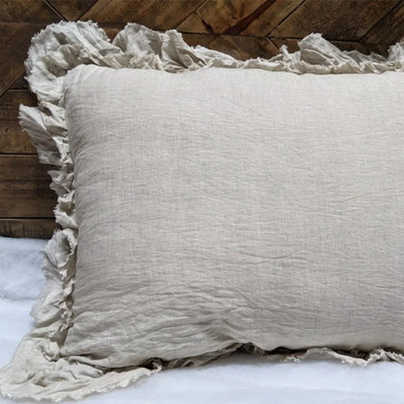 Ruffled Pillow Shams Shabby Chic Pillowcases Farmhouse Ruffle Country Elegant 100% French Washed Linen Vintage Decorative TJ7335