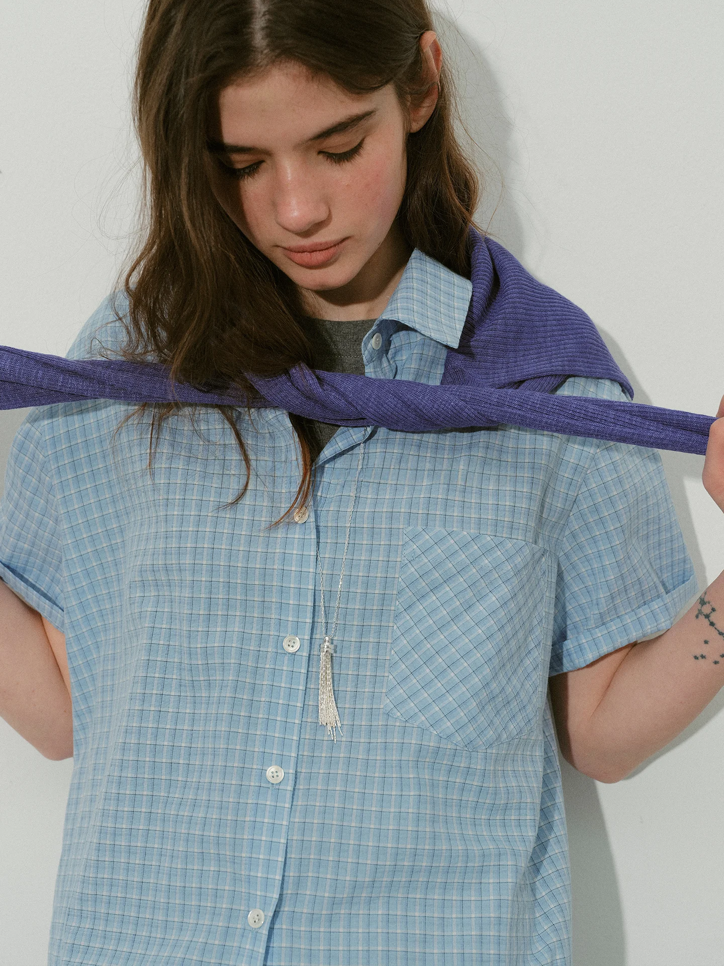 

Lofi Choose Women's Casual Loose Short Sleeve Shirt Summer New Style Vintage Plaid Turn-down Collar Single Pocket Top