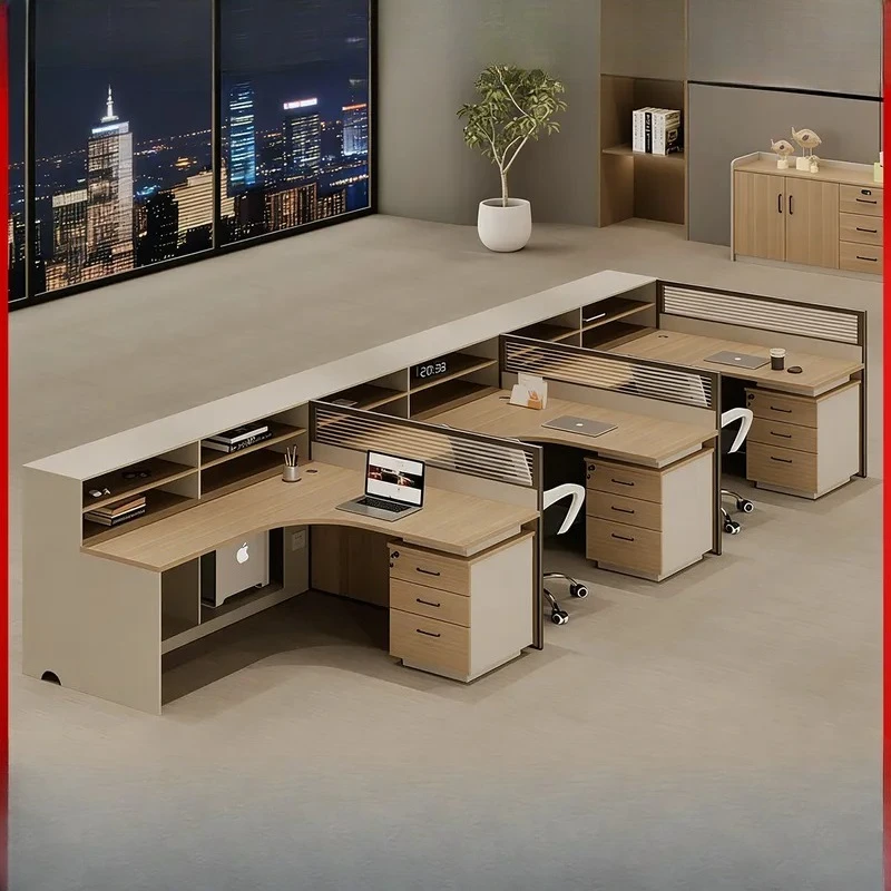 for L-shaped Office Desk 3 Person Workstation with Screen Double Finance Staff Table and Chair Combination Card Seat