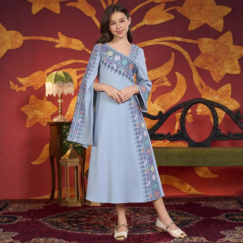 New Muslim Kids Girls Embroidery Long Sleeve Maxi Dress Robe Ramadan Islamic Children Clothing Arabic Abaya Turkey Party Morocco