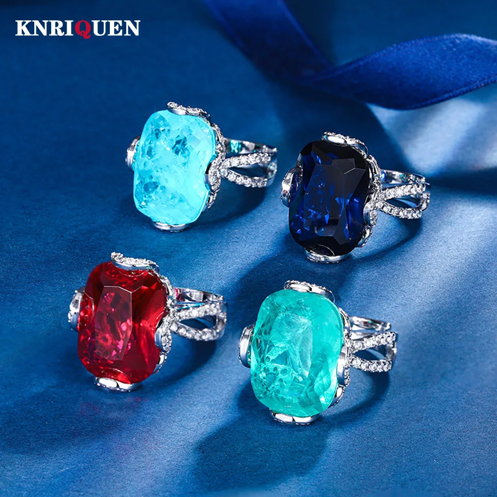 2024 New Trend 15*25MM Sapphire Emerald Ruby Ring for Women Simulated Gemstone Cocktail Party Fine Jewelry Accessories Lady Gift