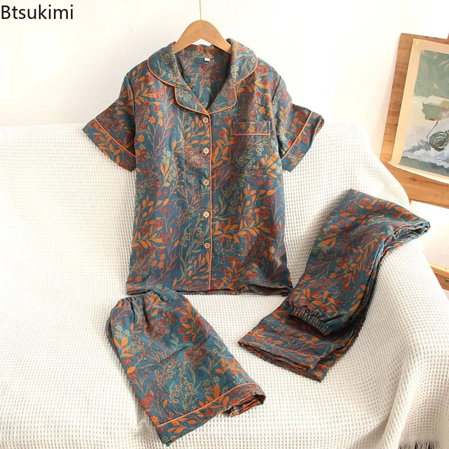 Summer Women's Three Piece Pajamas Set Jacquard Cotton Yarn Woven Floral Printed Cardigan Short Sleeved Shorts Long Pants Suit