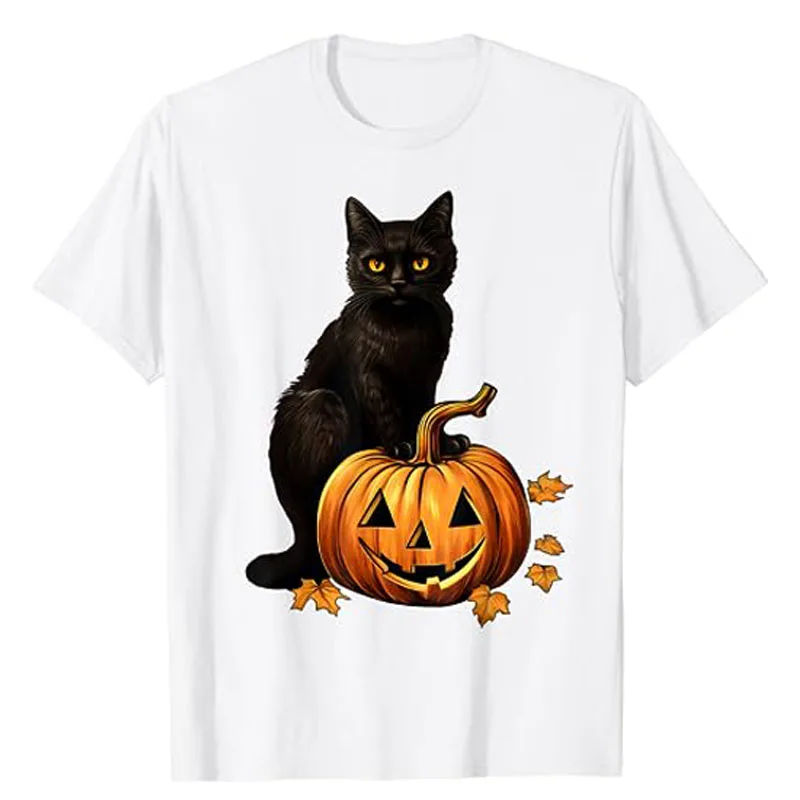 Retro Black Cat Halloween Pumpkin Costume for Women Men Kids T-Shirt Gift Funny Kitty Lover Graphic Tee Top Short Sleeve Blouses