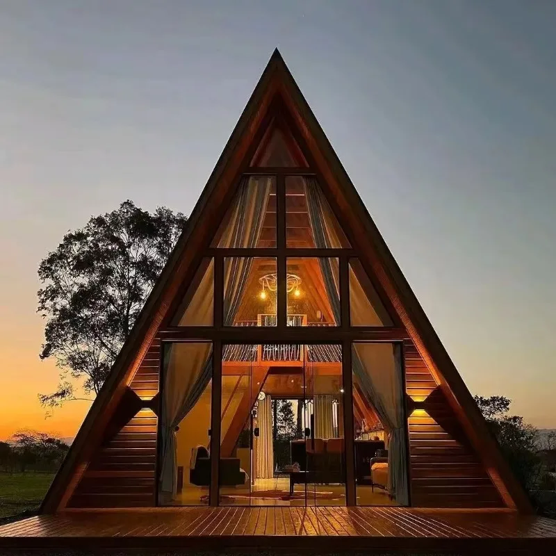 Luxury Prefabricated Double-Layer Modular A-Frame Aluminum Alloy Triangular-Shaped Villas Terraces for Hotels Prefab House OME