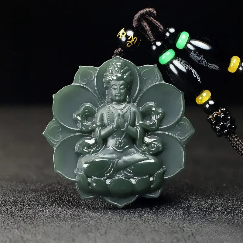 

Natural Hetian Cyan Jade Carving Lotus Avalokitesvara Pendant Jadeite Charm Necklace Exquisite Jewelry Men Women with Chain