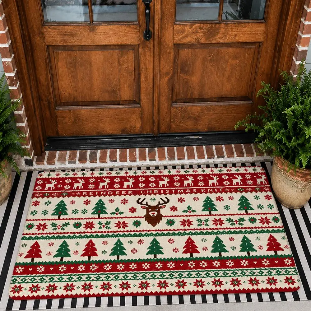 Reindeer And Fair Isle Christmas Knit Floor Mat Flannel Rug Non Slip Absorbent Soft Washable For Entryway Bathroom Kitchen Decor
