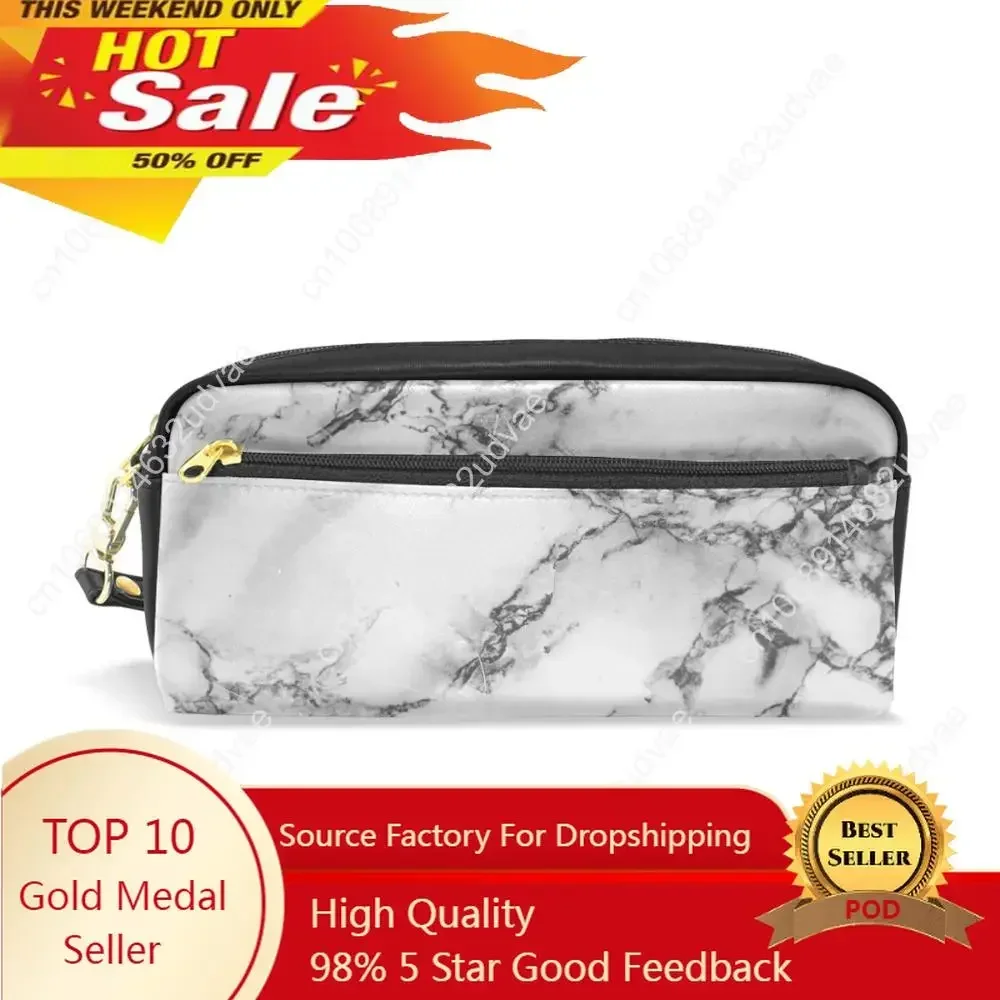 White Natural Marble Texture Pencil Case Stationery Pouch Bag Small Cosmetic Makeup Zipper Bag Pu Leather