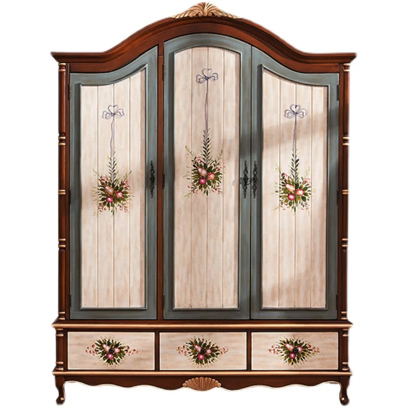 

Master bedroom wardrobe solid wood, bedroom 4 doors adult hanging wardrobe, Mediterranean retro pastoral wardrobe