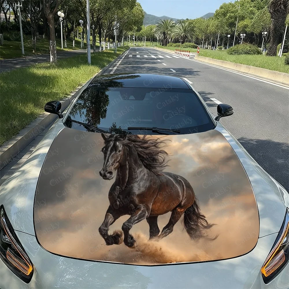 Black Horse Cool Car Hood Sticker PVC Self Waterproof Stick, Striking Auto Exterior Accessories Decor Protect Gift for Car Lover