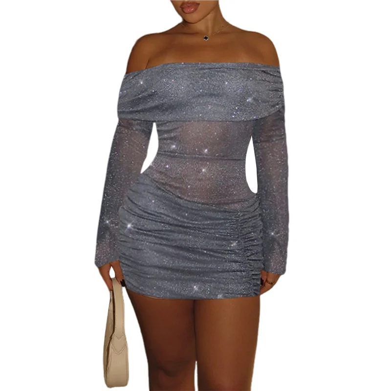 ASDS-Damen-Kleid, schulterfrei, figurbetont, Netzstoff, durchsichtig, gerüscht, glänzend, ausgestellt, lange Ärmel, Y2K-Club-Nacht-Out-Kleid