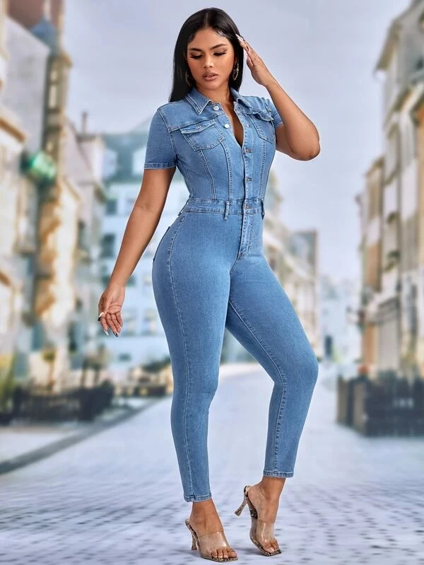 Jeans Stretch Overalls Sexy Women Turn Down Collar Elegant Blue Denim Casual Jumpsuit Rompers