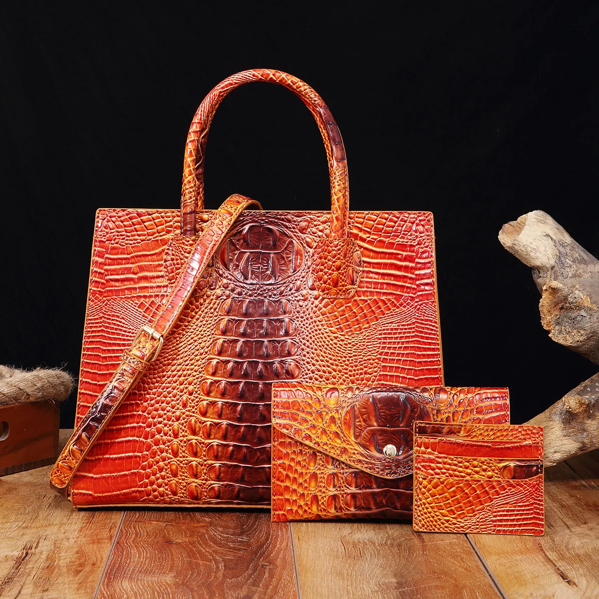 Fashion designer luxury bag Crocodile Pattern Embossed Leather 3pcs/Set High-End Luxury Handbag coin purse Card bag bolsos vip