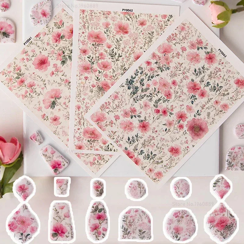 Polymer Clay Watercolor Transfer Paper, Flower Plant Butterfly Painted Pattern Water-soluble Stickers for DIY Earring Pottery