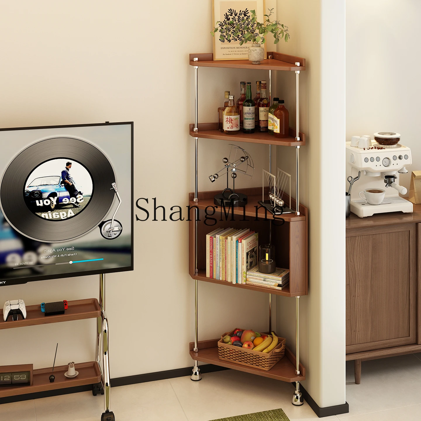 

CL Solid Wood Corner Shelf Living Room Vintage Style Triangle Display Cabinet Integrated Multifunctional Corner Storage