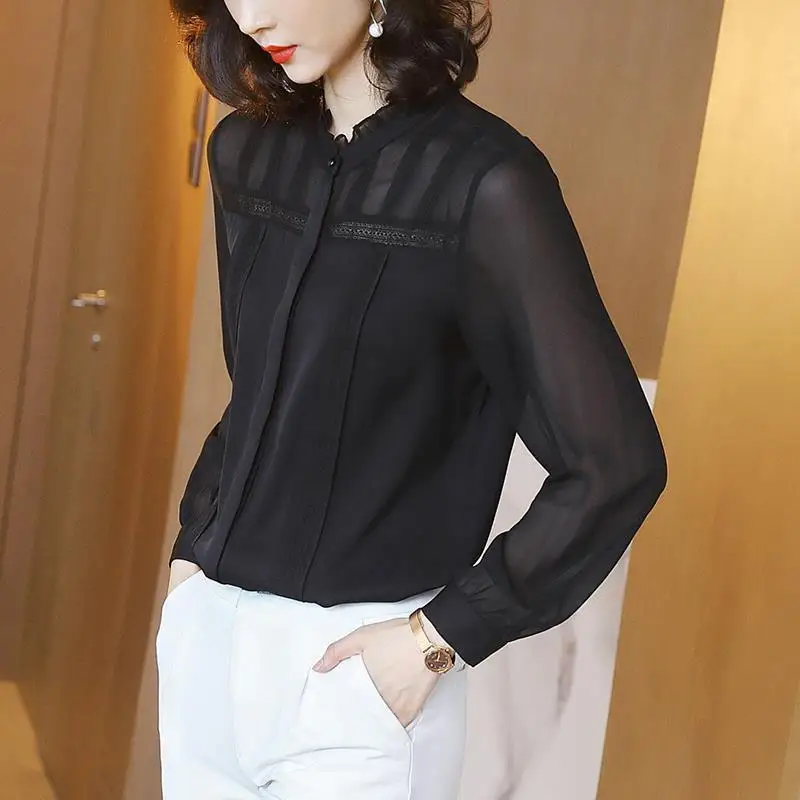 Elegant Solid Color Button Spliced Gauze Ruffled Neck Blouse Women Clothing 2022 Autumn New Loose Casual Tops Office Lady Shirt