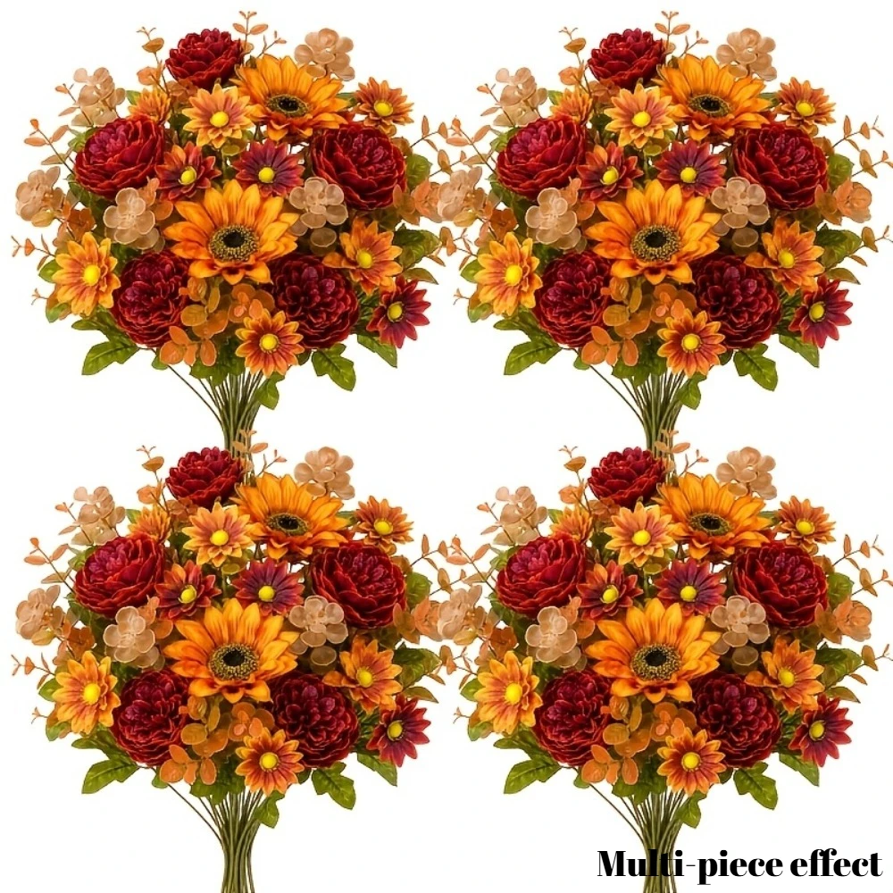 2-teiliger Herbstlicher Künstlicher Blumenstrauß in warmen Tönen mit Sonnenblumen und burgunderfarbenen Rosen für Halloween- und Thanksgiving-Dekoration 2026 – Detail 1