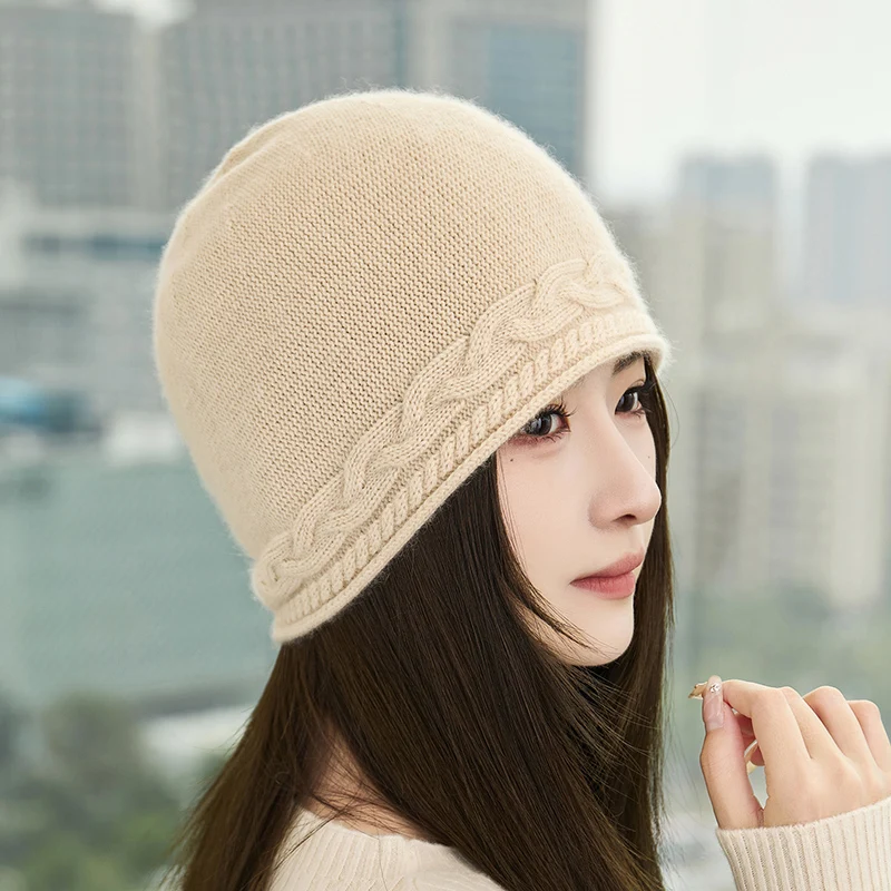 100% الكشمير المرأة الجاكار مجعد متماسكة قبعة سميكة الملتوية على البخار لفات كومة قبعة الشتاء سدادات حماية الأذن الباردة باوتو قبعة #5