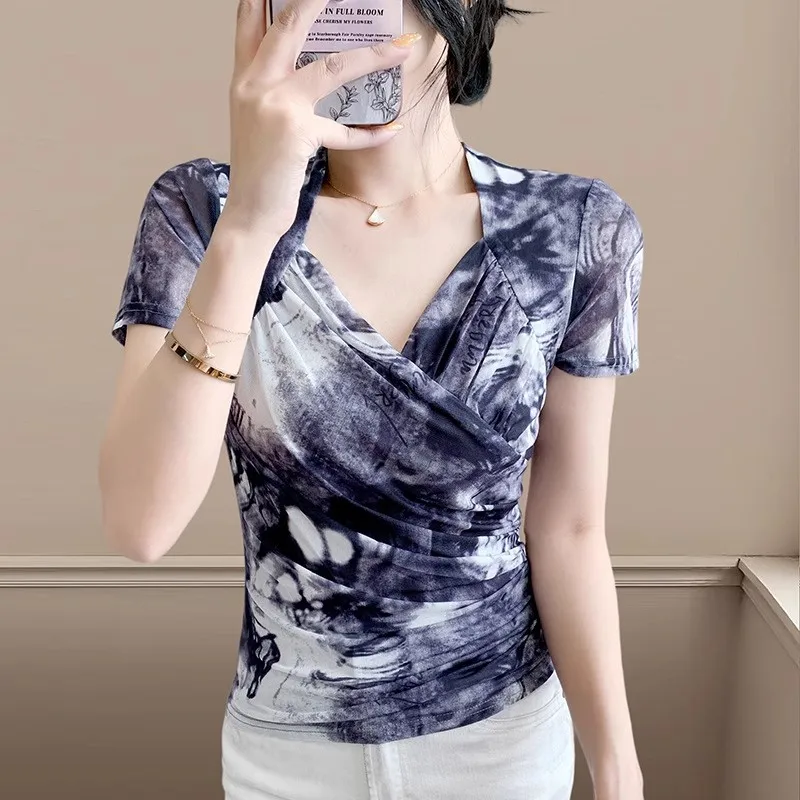 

Дизайнерская винтажная сетчатая плиссированная футболка с рисунком тушью, женская элегантная футболка с квадратным вырезом и короткими рукавами, тонкий топ, уличная одежда, летние футболки