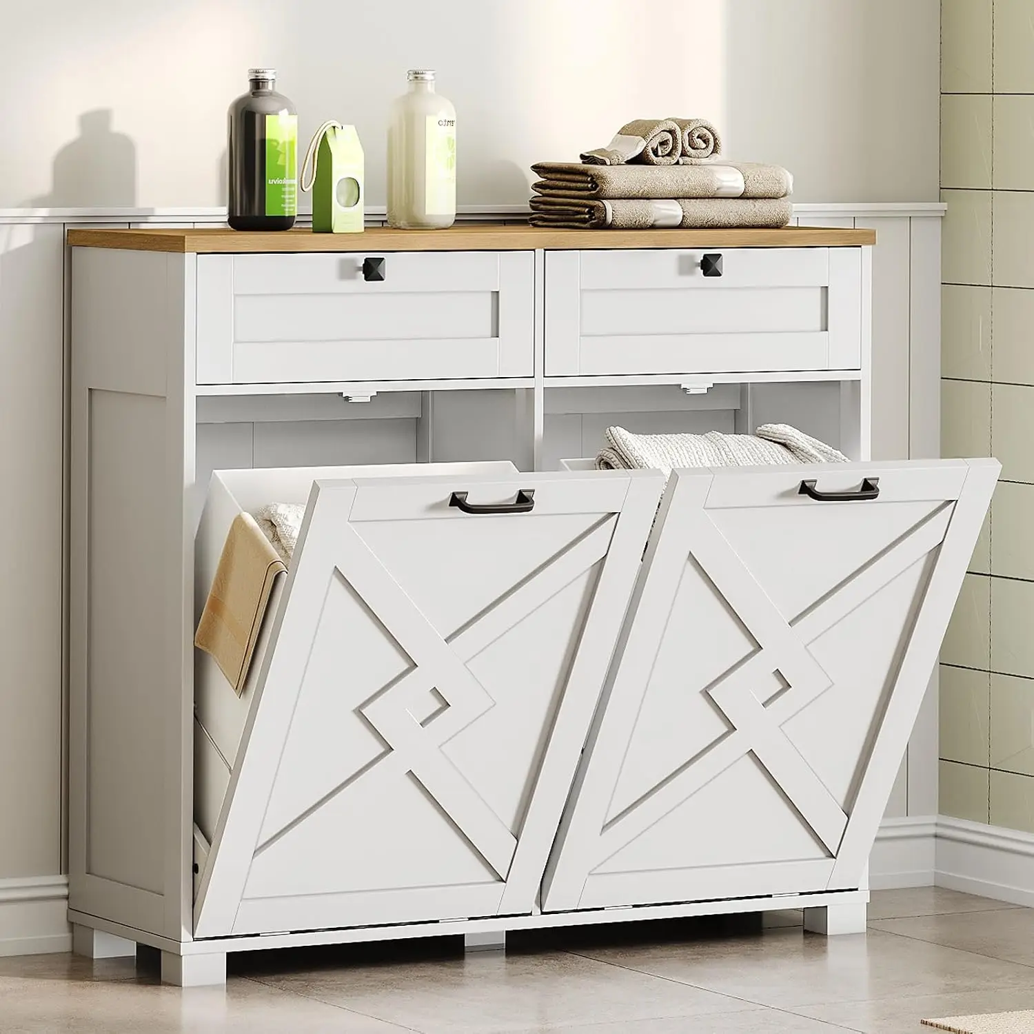 Double Tilt-Out Laundry Hamper Cabinet, 2 x 13.6 Gallon Laundry Basket, Hidden Laundry Hamper Storage Cabinets, Customized
