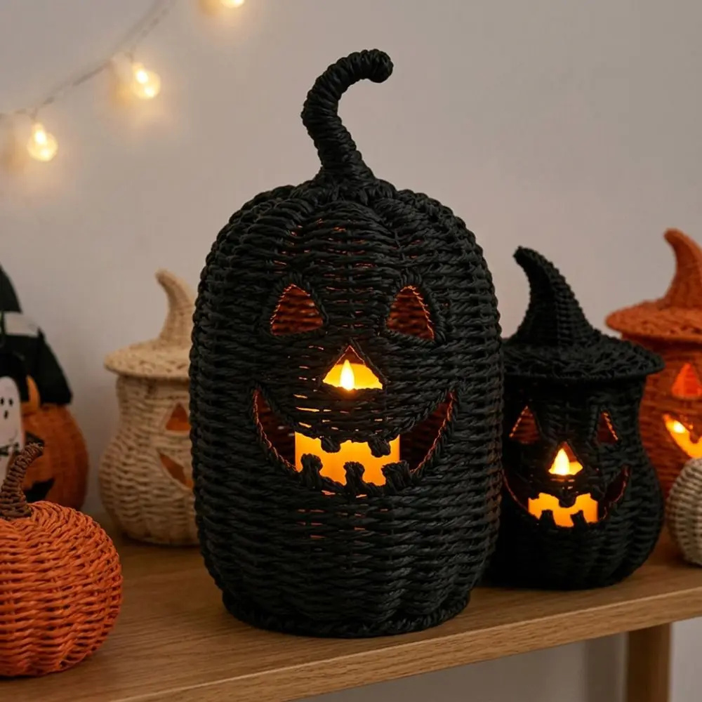Vintage Halloween Pumpkin Statue with Witch Hat Removable Lid Pumpkin Candle Holder Spooky Rustic Resin Pumpkin Lantern
