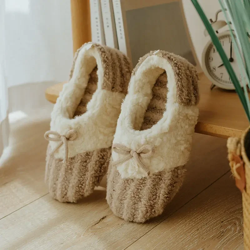 Women's Bow Knot Fleece Lined Soft Sole Silent Indoor Slippers for Maternity Postpartum Winter Warm Slip Resistant Closed Back