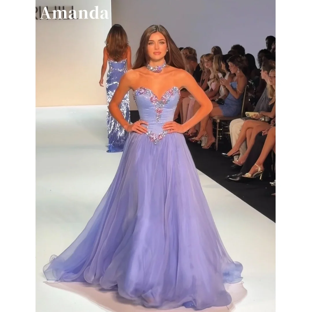 Amanda Custom Lavender Strapless Beaded Sweetheart Prom Dress A Line Chiffon Floor Length Evening Dress Formal Graduation Gown