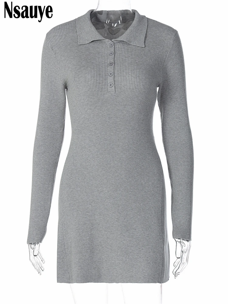 Nsauye inverno 2025 malha feminina moda casual manga longa turn down collar camisola camisa vestido sexy clube festa a linha vestido