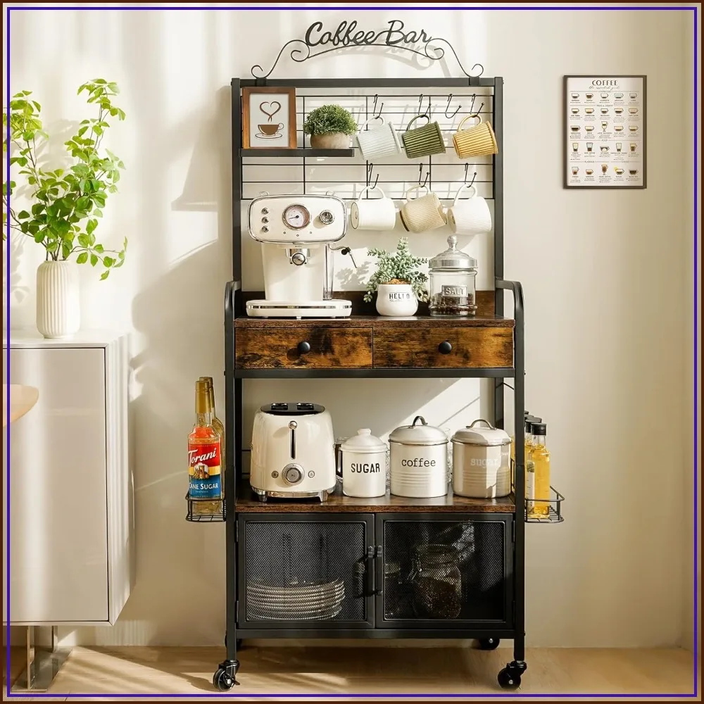 Rolling Coffee Bar Cart for Small Spaces, Coffee Station with Storage, Side Syrup Rack, Tea Pod Drawer, Magnetic Doors, Lockable Wheels