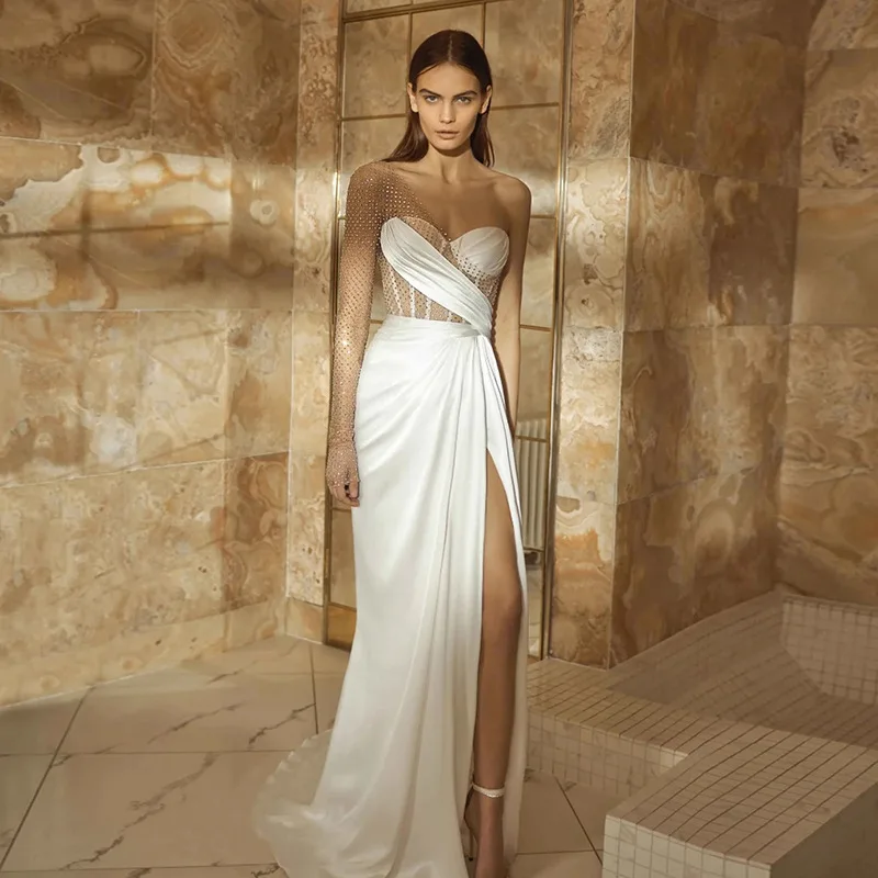 

Женское атласное платье с разрезом, свадебное платье знаменитости с юбкой-годе