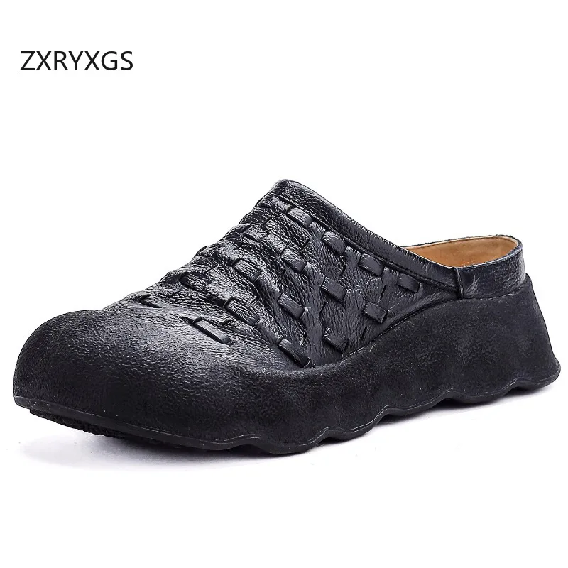 ZXRYXGS Promotion 2026 New Fashion Summer Round Toe Cow Leather Slippers Platform Height Increase Shoes Women Outerwear Slippers