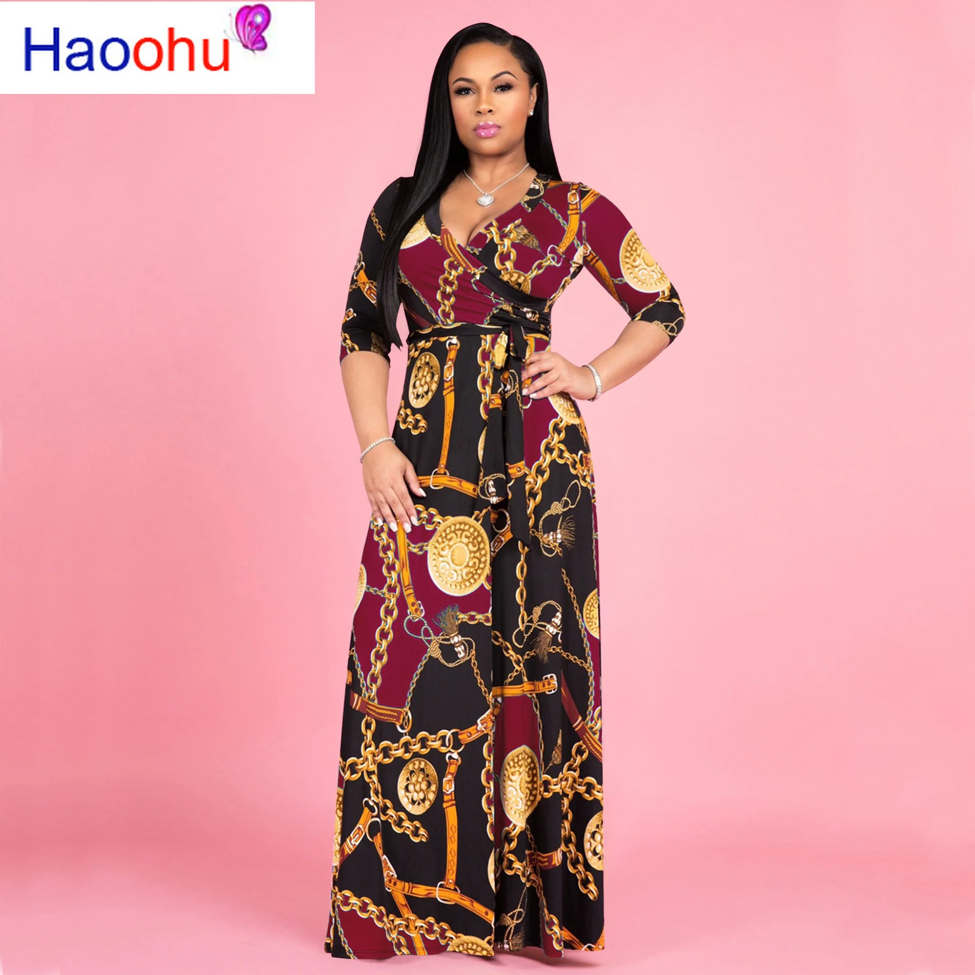 

HAOOHU Spring Summer Women Dress Sexy Party Dresses Vestidos Plus Size Cross V Neck Print Bandage Big Hem Loose Maxi Dress 2023