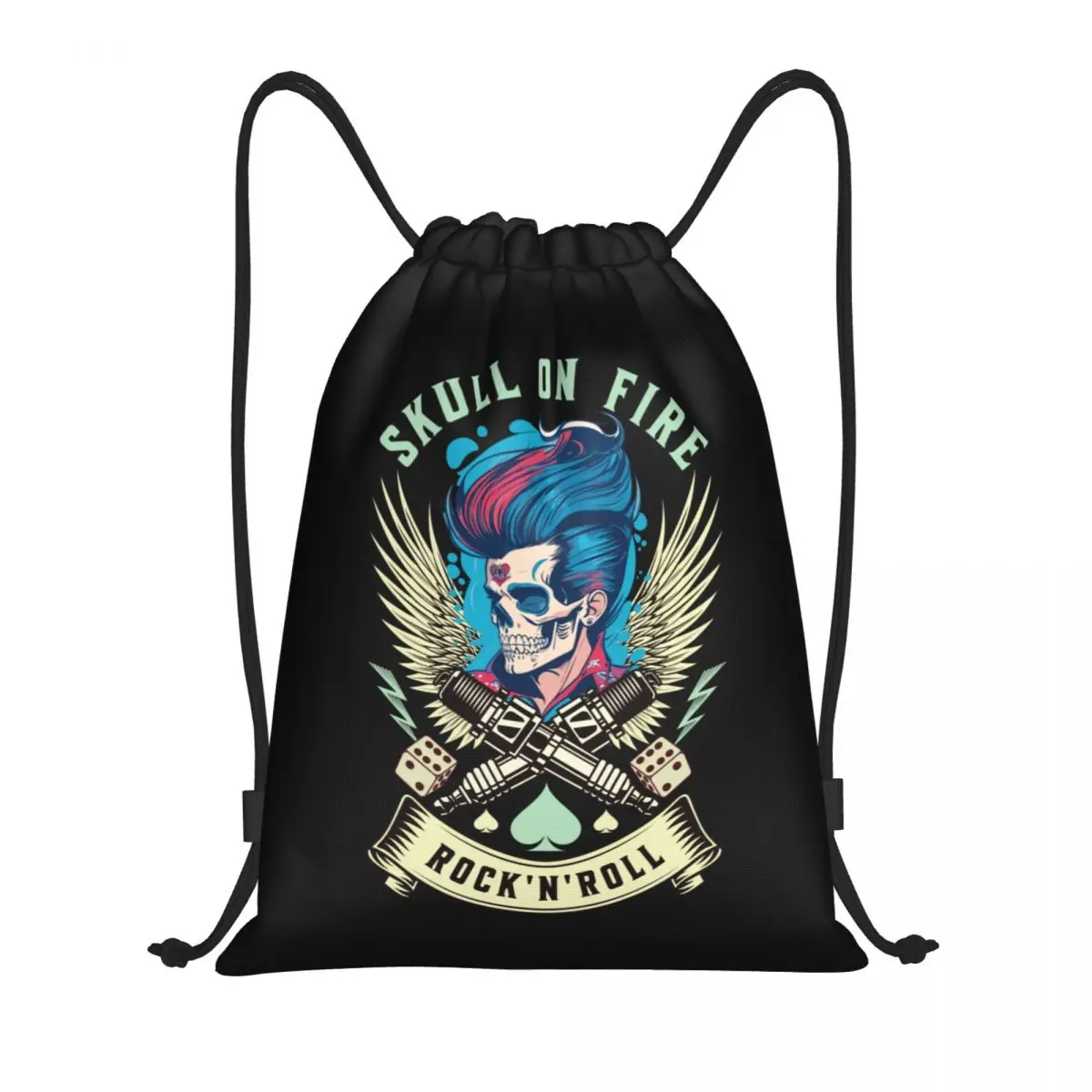 Rockabilly Skull Rocknroll Motorcycle Rock Dice Lucky Quiff Drawstring Bags Men Women Lightweight Sports Gym Storage Backpack
