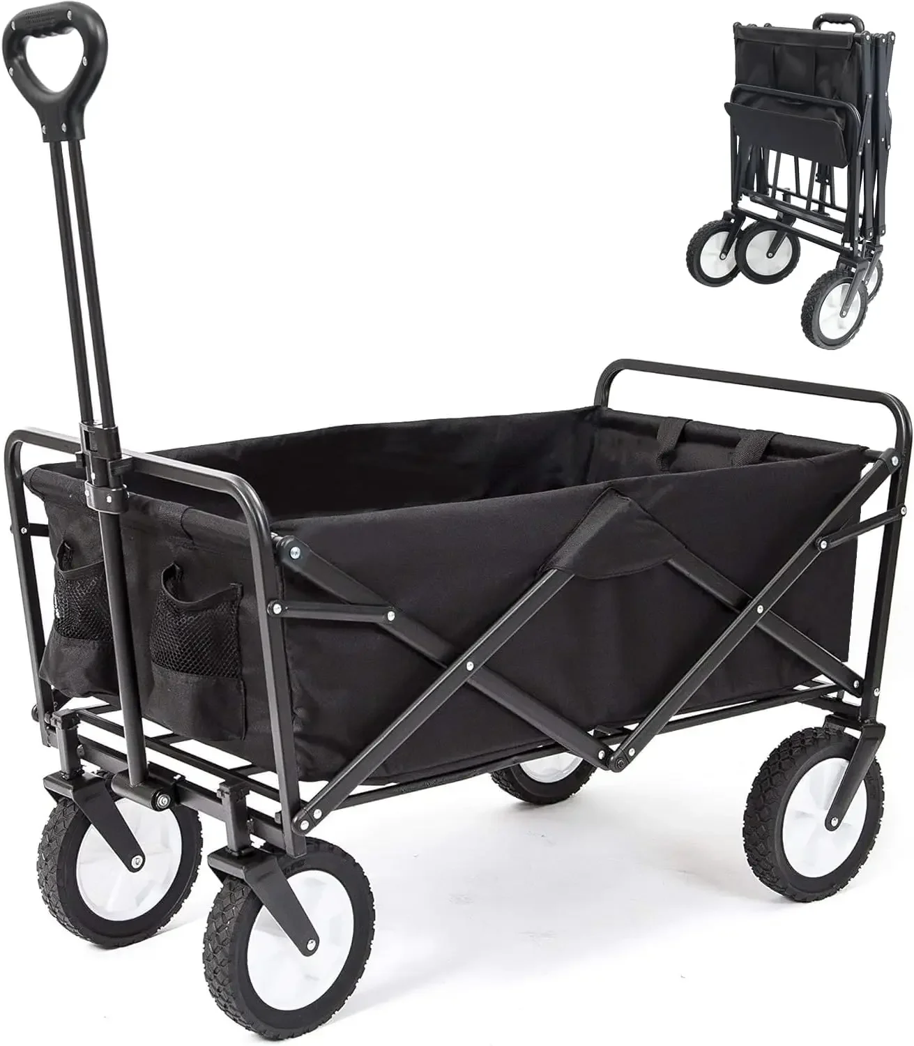 

Collapsible Folding Outdoor Utility Wagon, Beach Wagon Cart w/ All Terrain Wheels & Drink Holders, for Camping, Garden & Beach