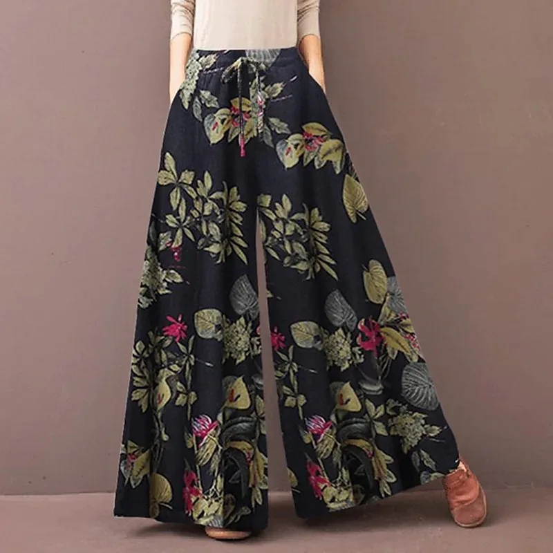 

Retro Printing Elastic Waist Trousers Women Spring Autumn Fashion Drawstring Wide Leg Pants Ladies Casual Loose Pocket Pantalon