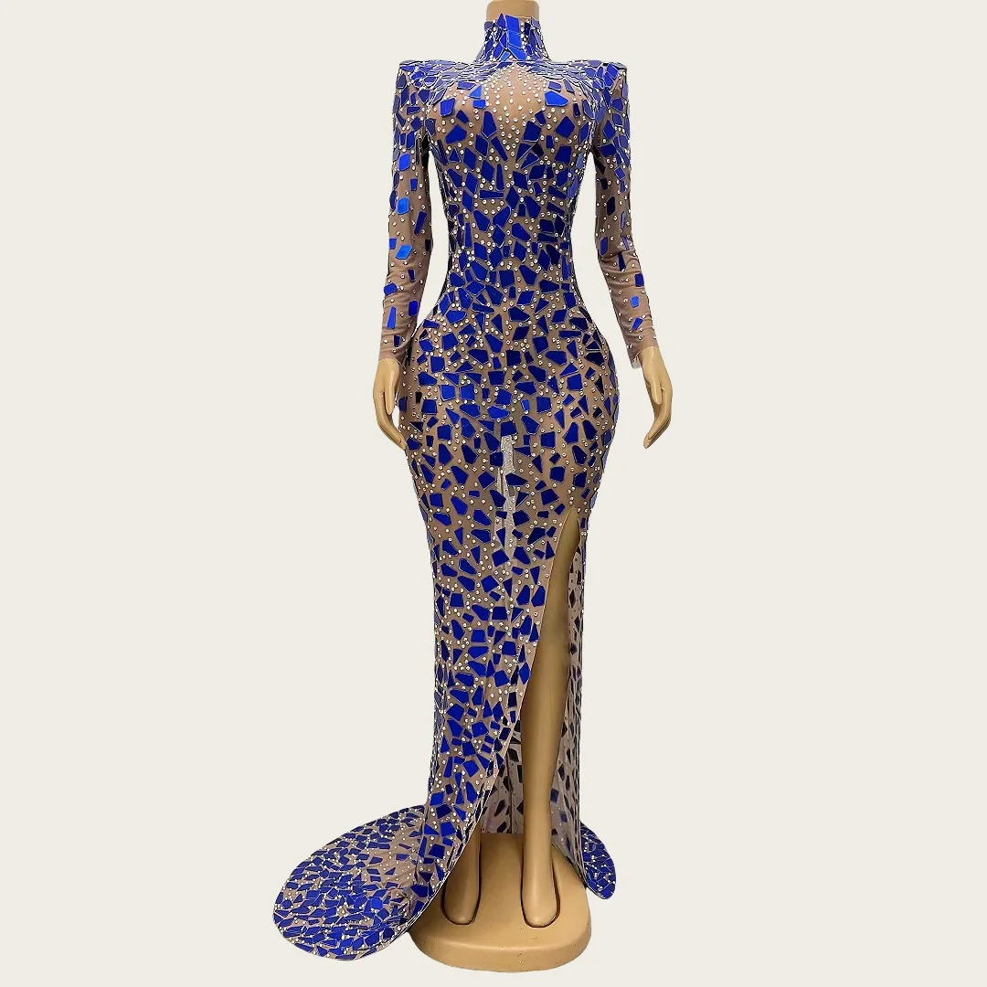 Lanjing Elegant กระจกสีฟ้าชุดราตรีผู้หญิงชุดราตรีชุดราตรีแขนยาวด้านข้าง Slits ชุดยาวพรหม High-end Couture