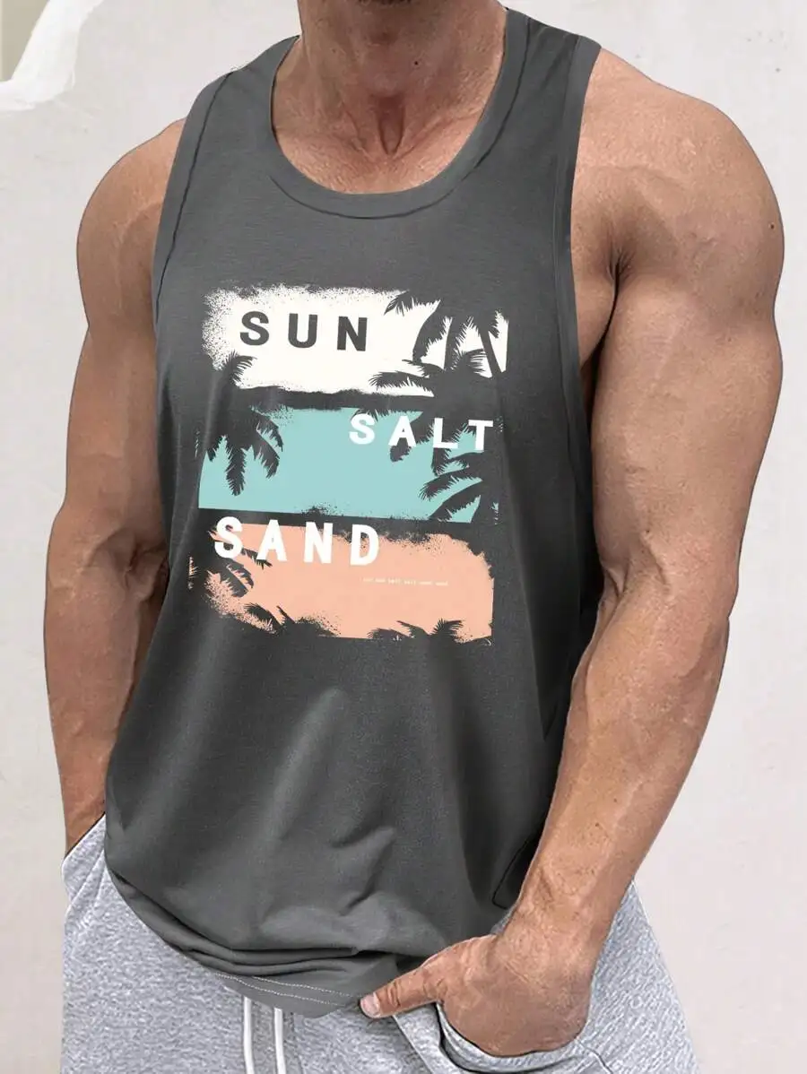 

Мужская серая майка без рукавов с тропическим принтом для летней повседневной носки