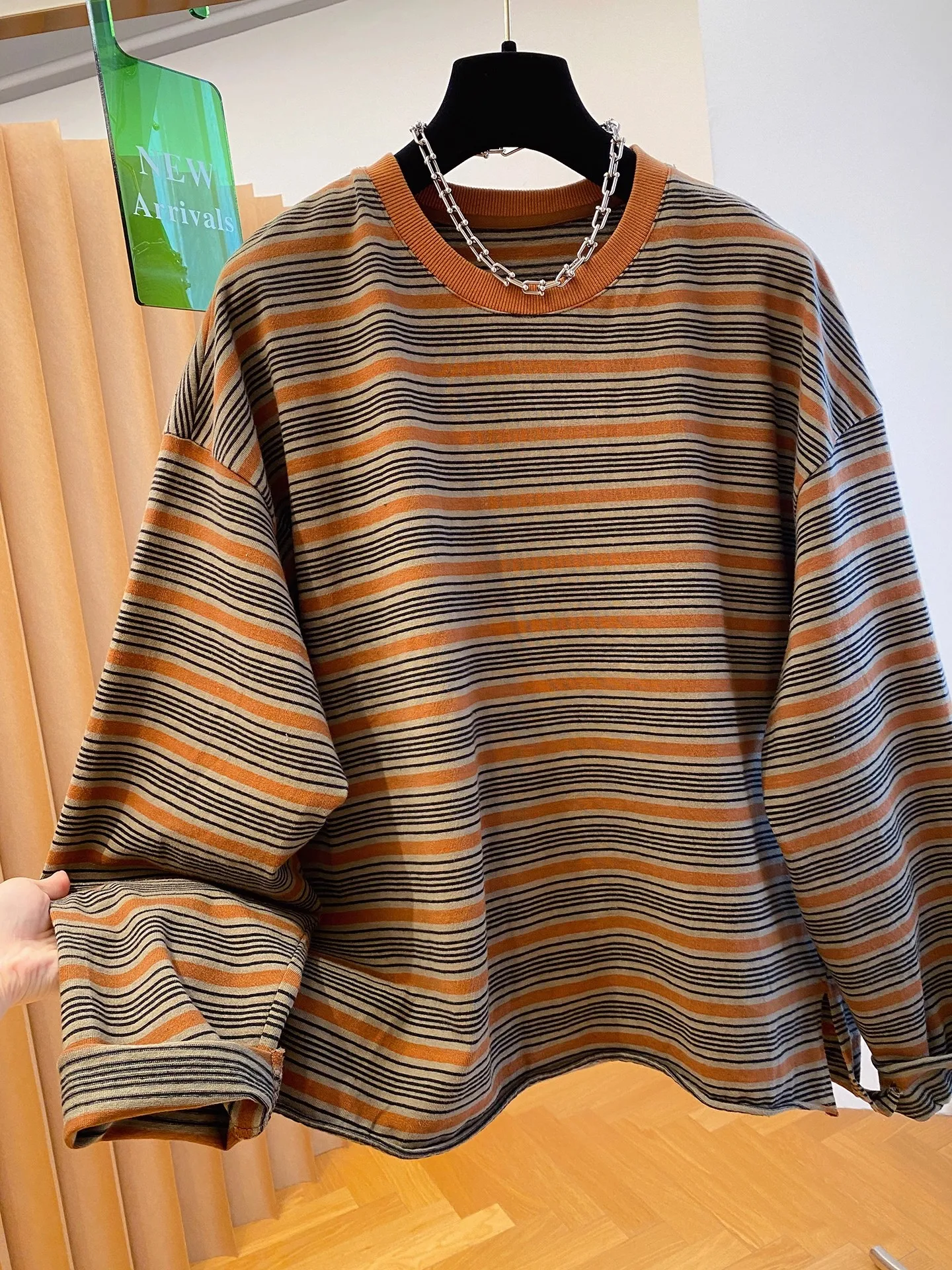 Felpa a righe vestibilità ampia da donna lunga Sve coreana Sle stampa retrò Top casual taglie forti Nuovo arrivo autunnale